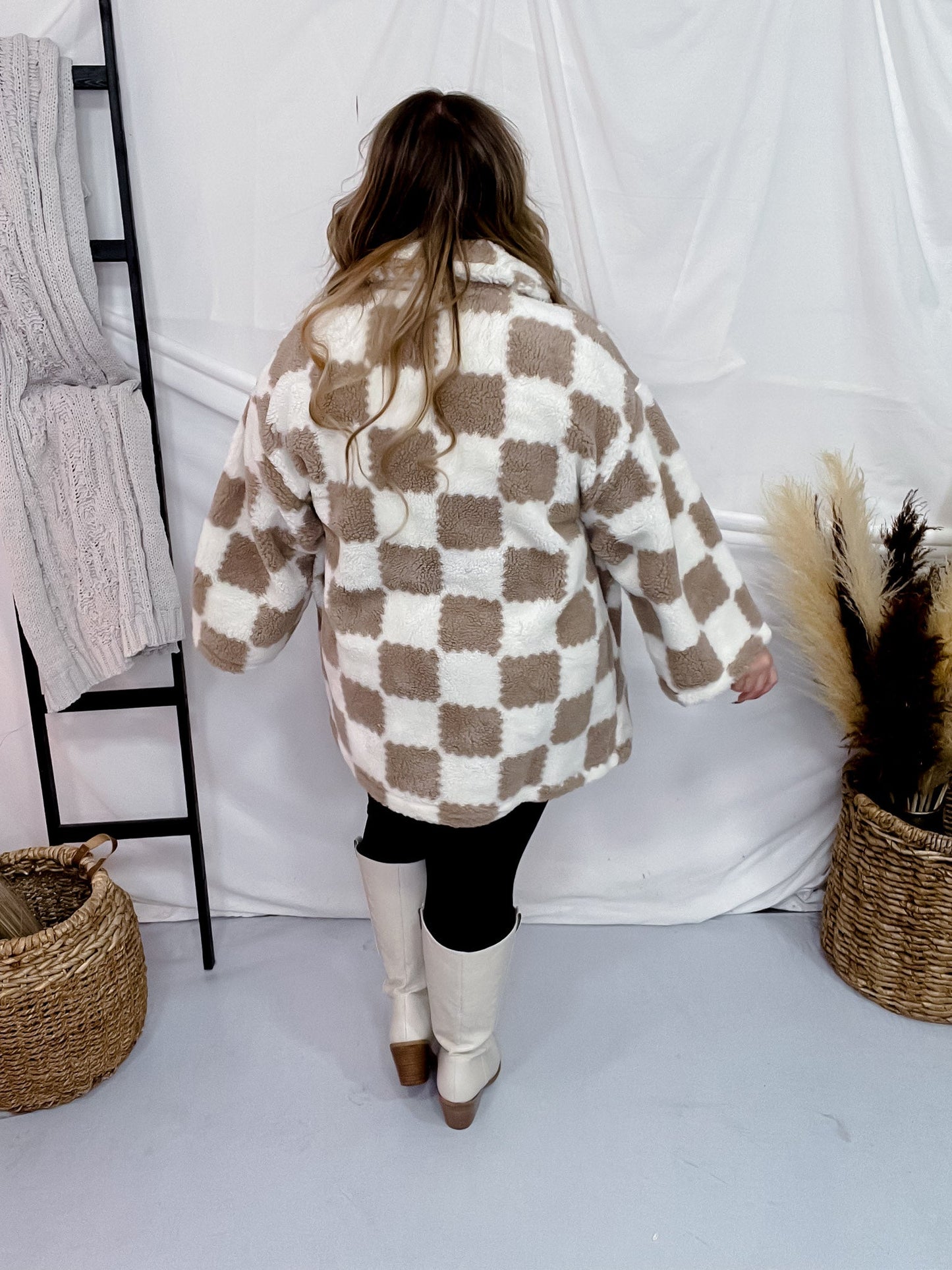 Checkered Button Front Long Sleeve Jacket - Whiskey Skies - WHITE BIRCH