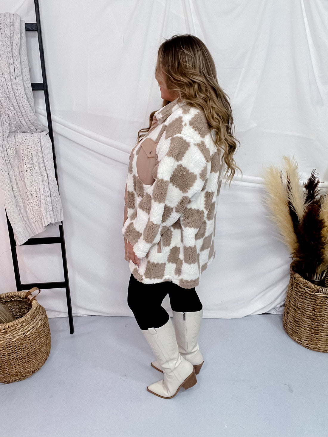 Checkered Button Front Long Sleeve Jacket - Whiskey Skies - WHITE BIRCH