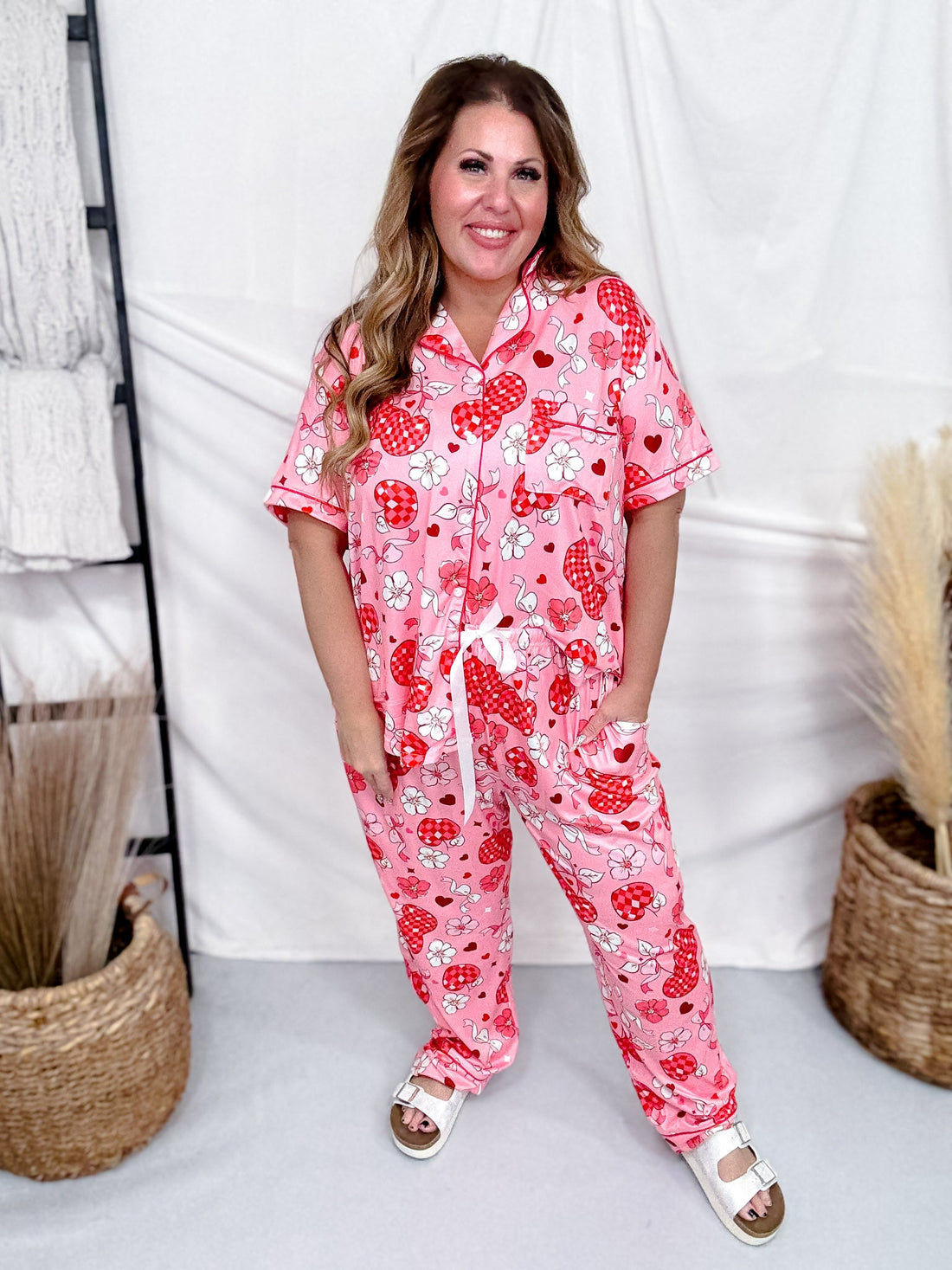 Checkered Cherries, Bows, & Flower Loungewear Set - Whiskey Skies - SHIRLEY & STONE