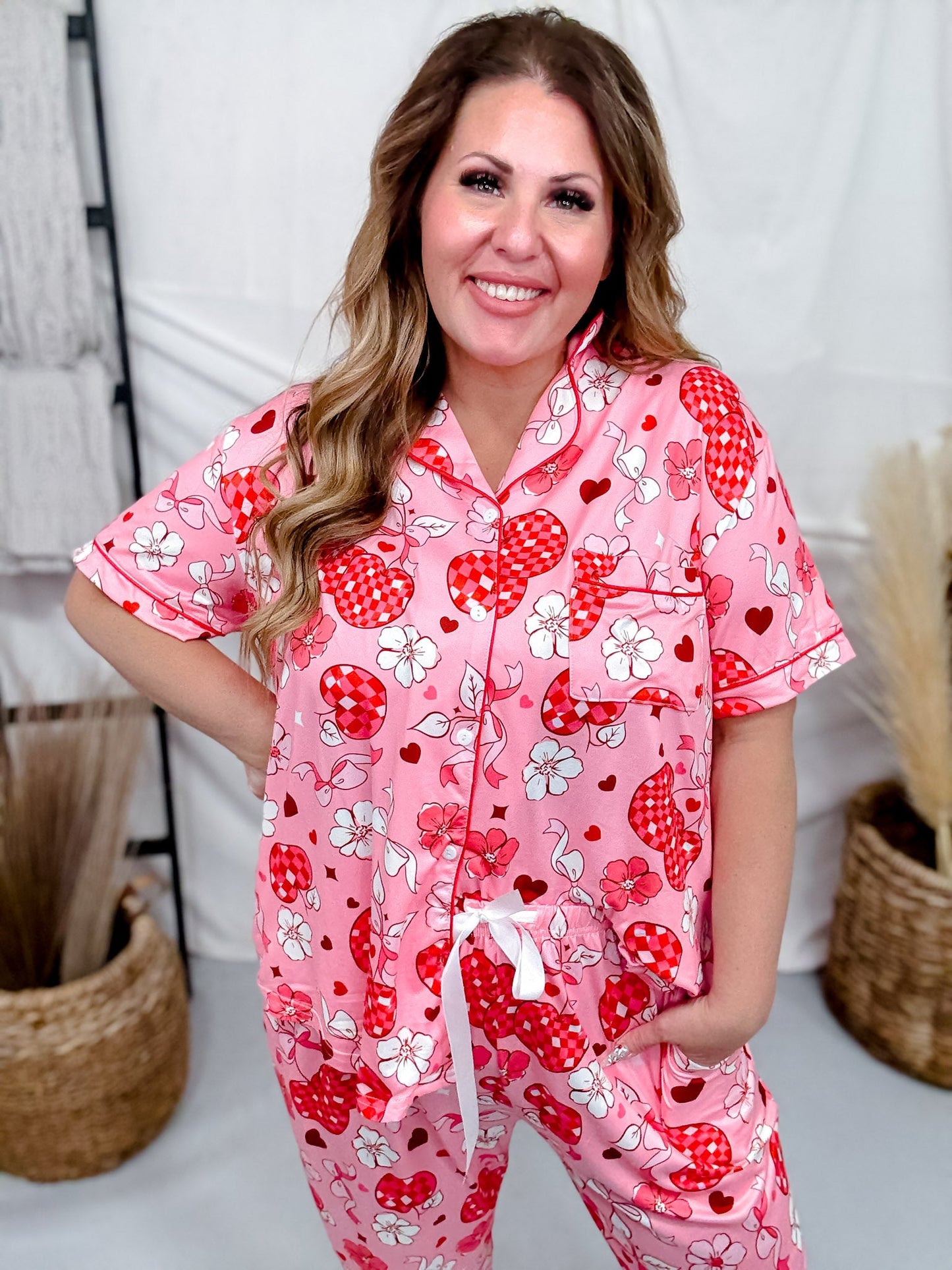 Checkered Cherries, Bows, & Flower Loungewear Set - Whiskey Skies - SHIRLEY & STONE
