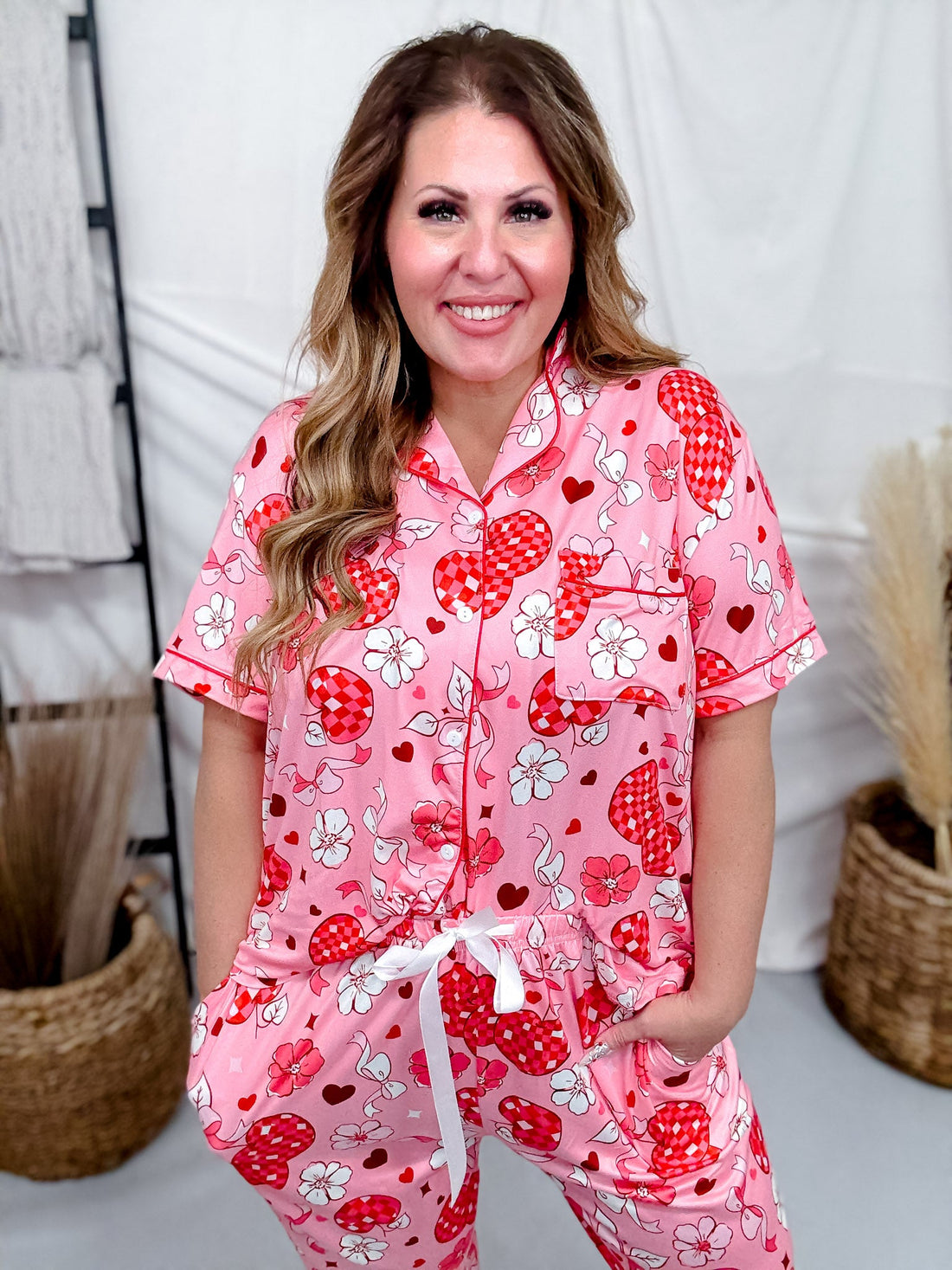 Checkered Cherries, Bows, & Flower Loungewear Set - Whiskey Skies - SHIRLEY & STONE