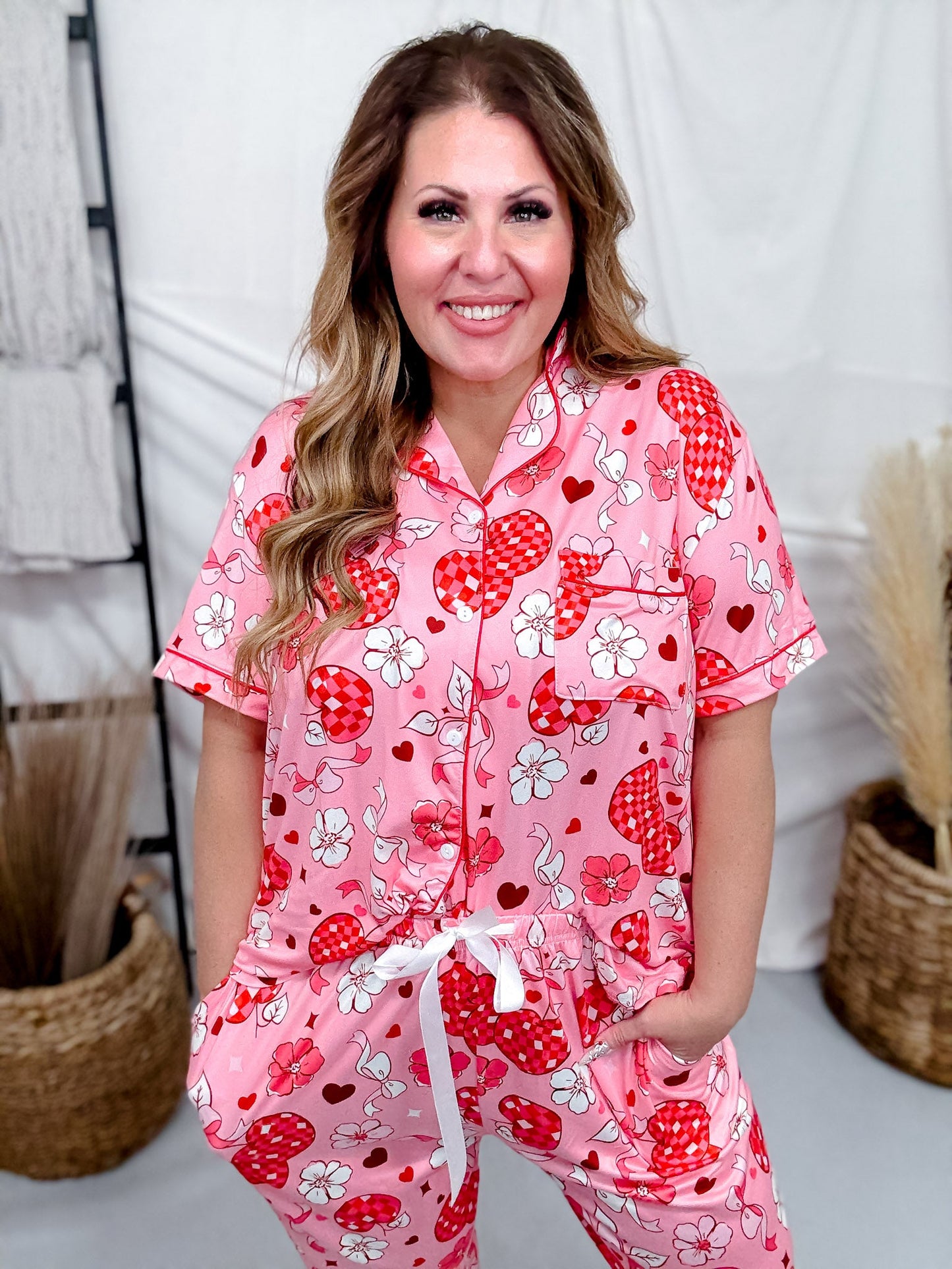 Checkered Cherries, Bows, & Flower Loungewear Set - Whiskey Skies - SHIRLEY & STONE