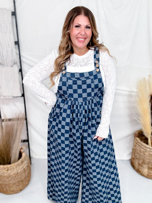 Checkered Denim Wide Leg Overalls - Whiskey Skies - JADE BY JANE