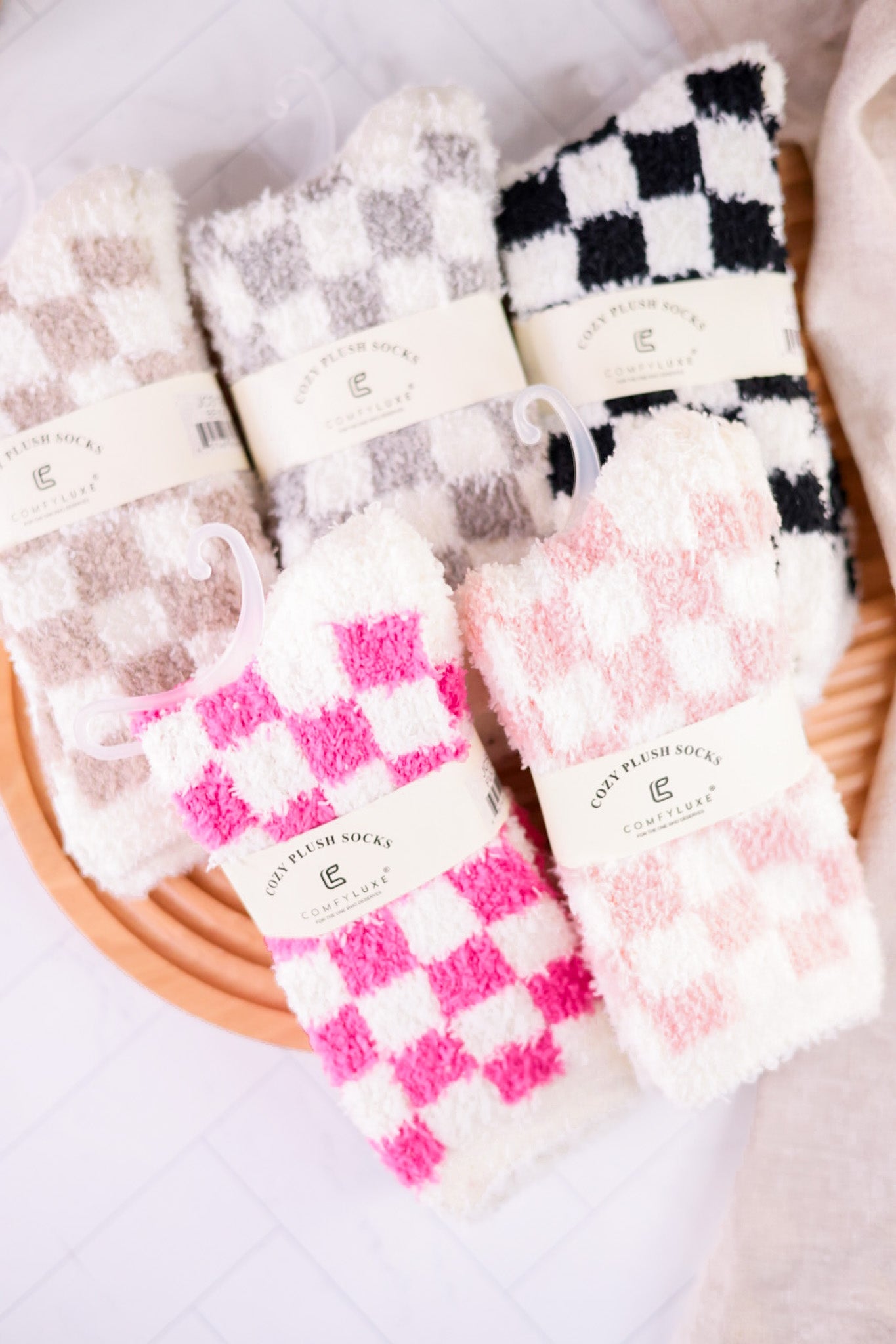 Checkered Fuzzy Crew Socks (5 Colors) - Whiskey Skies - QUEENS DESIGNS