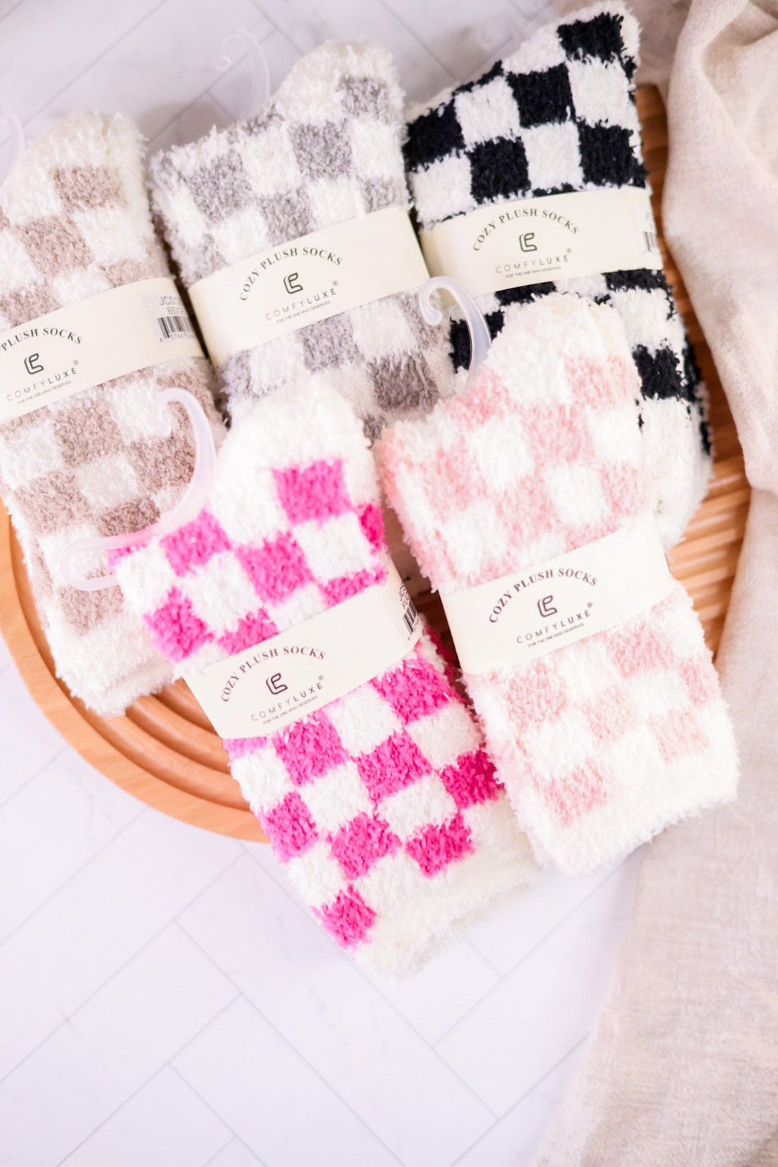 Checkered Fuzzy Crew Socks (5 Colors) - Whiskey Skies - QUEENS DESIGNS