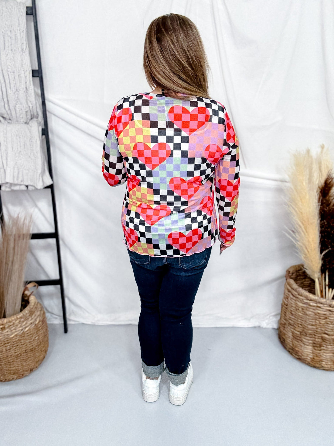 Checkered Hearts Long Sleeve Mesh Top - Whiskey Skies - DAVI & DANI