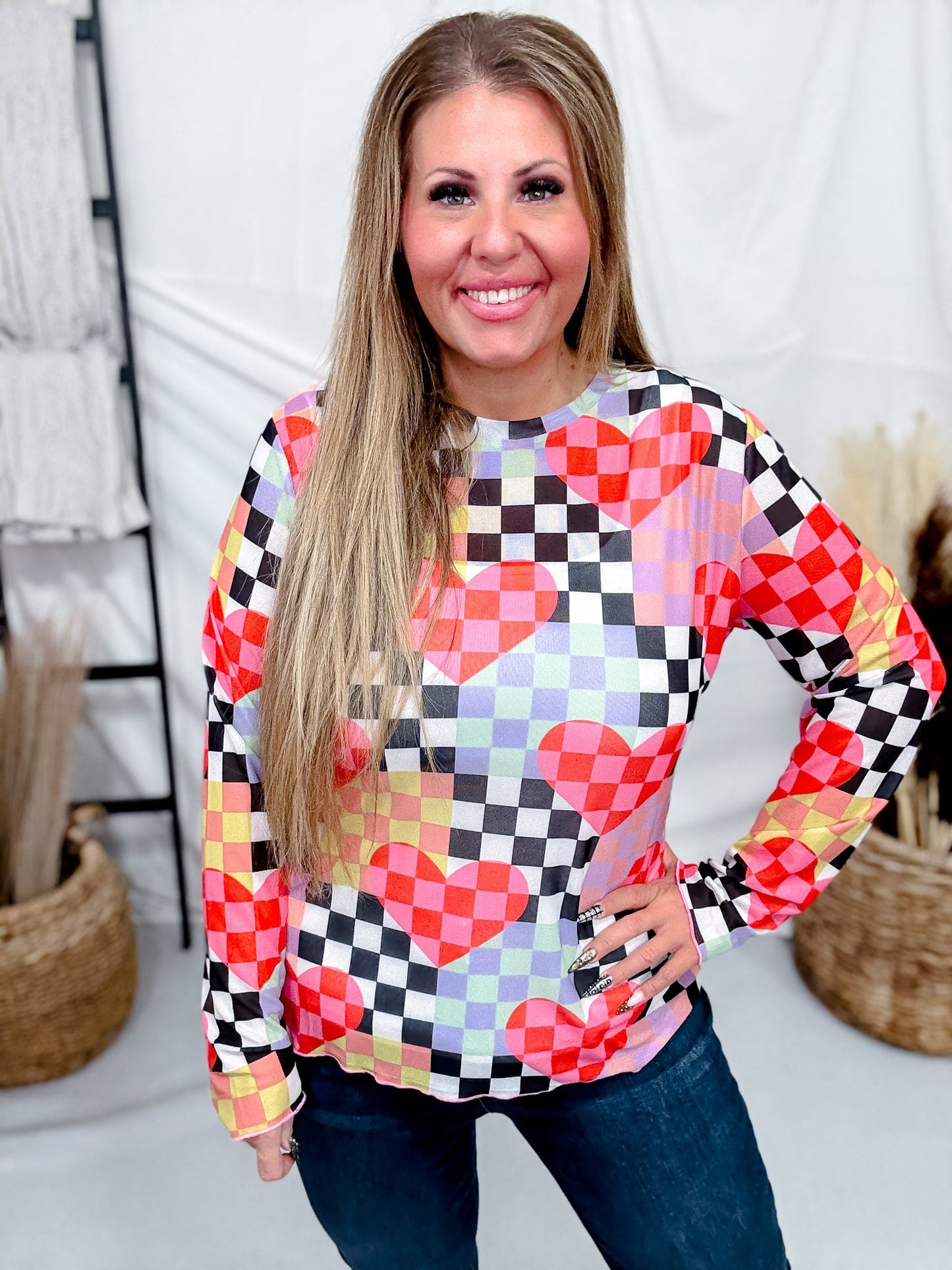 Checkered Hearts Long Sleeve Mesh Top - Whiskey Skies - DAVI & DANI