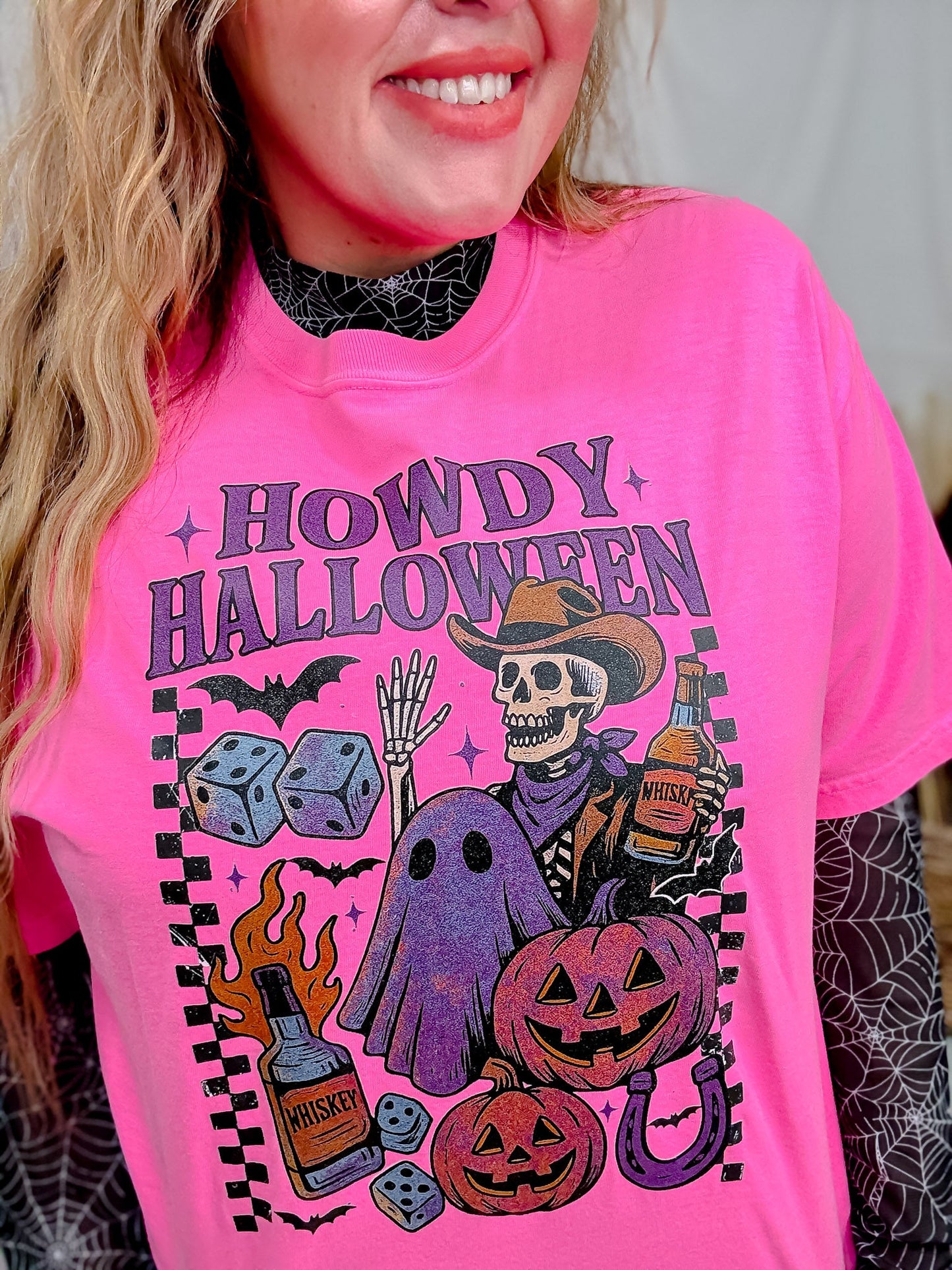 Checkered Howdy Halloween Hot Pink Graphic T-Shirt - Whiskey Skies - THE LATTIMORE CLAIM