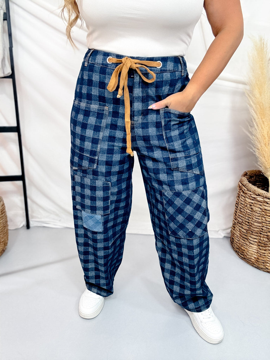 Checkered Patchwork Jeans With Drawstring Waist - Whiskey Skies - ODDI