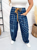Checkered Patchwork Jeans With Drawstring Waist - Whiskey Skies - ODDI