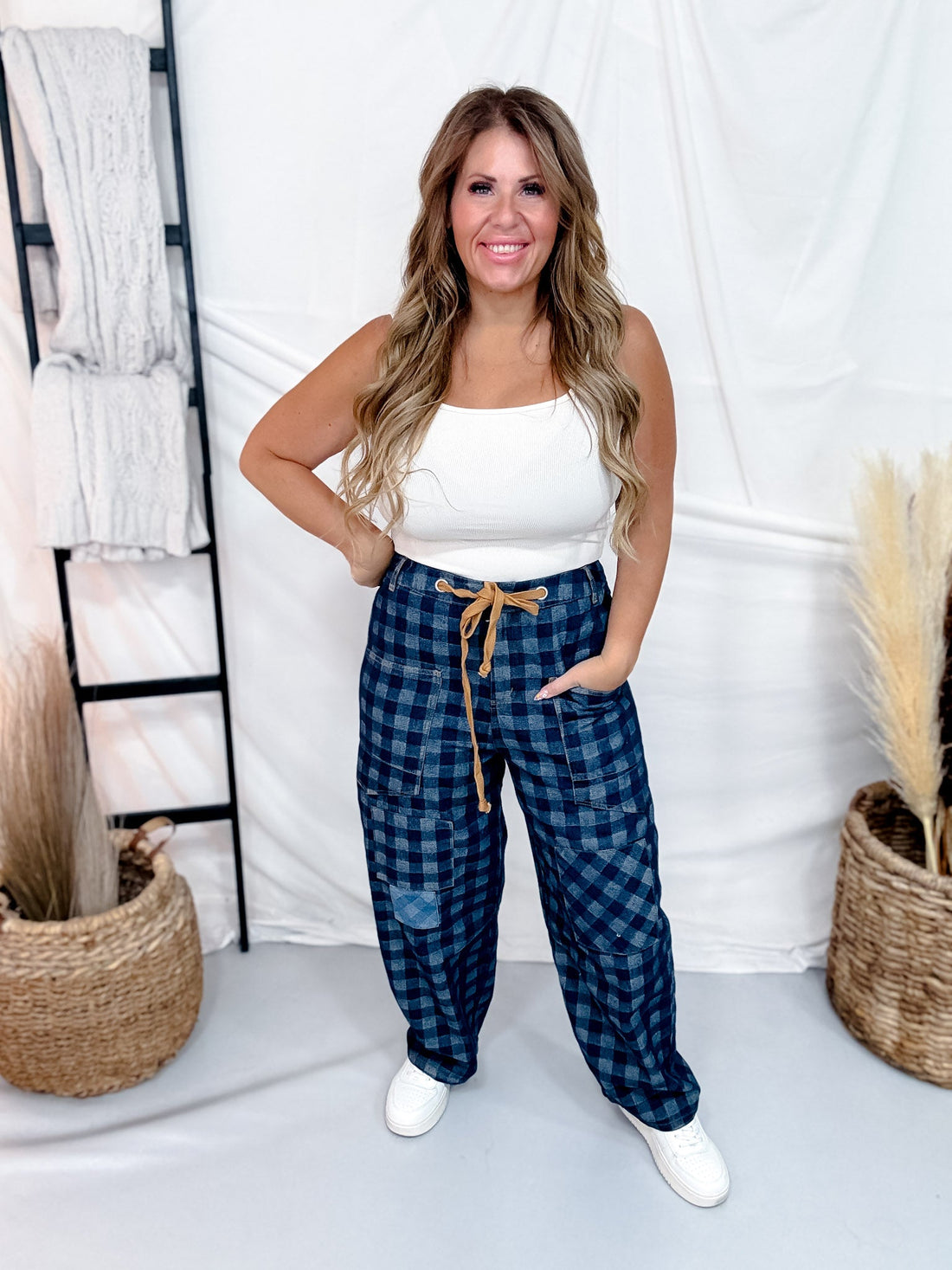 Checkered Patchwork Jeans With Drawstring Waist - Whiskey Skies - ODDI