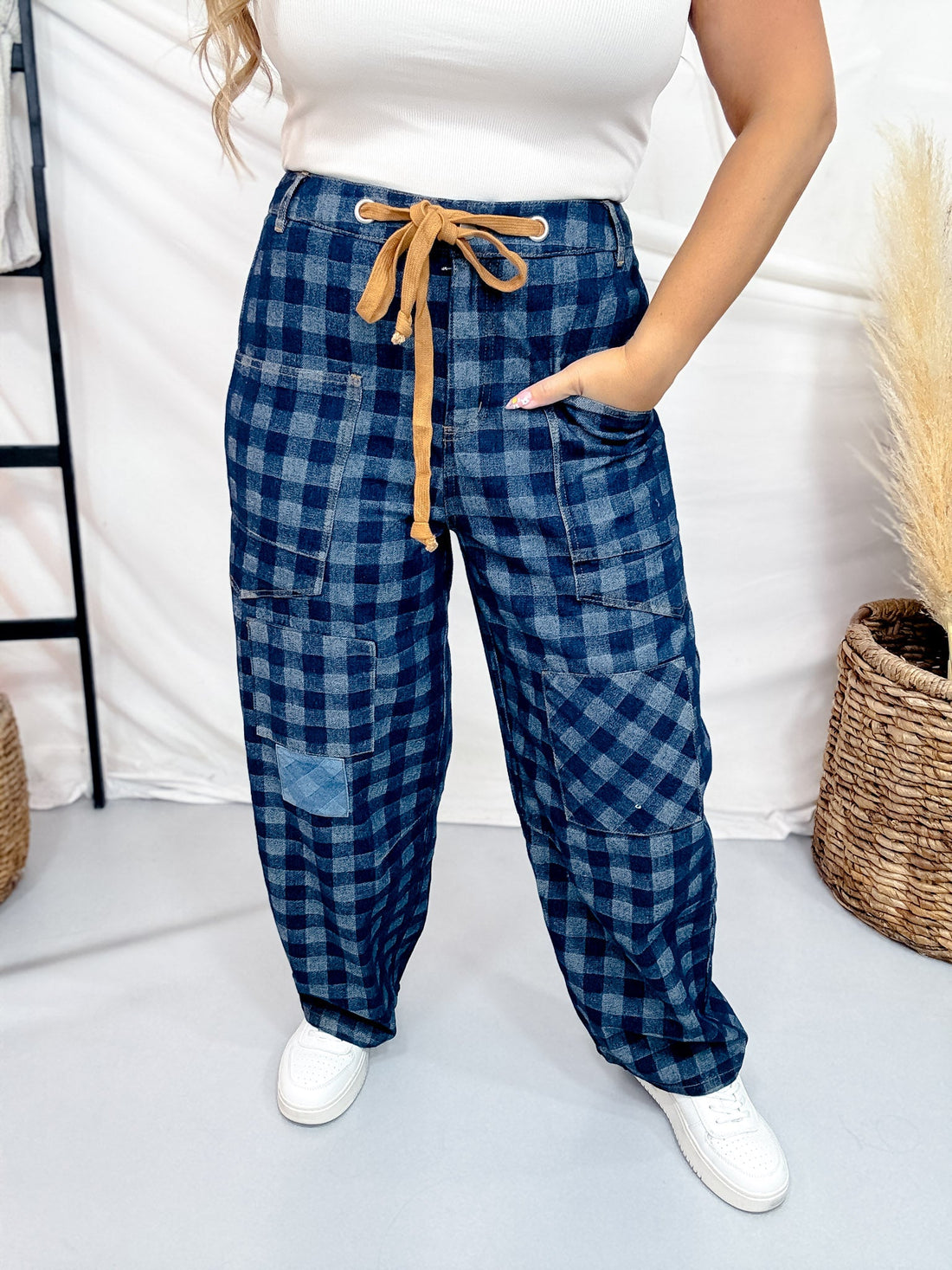 Checkered Patchwork Jeans With Drawstring Waist - Whiskey Skies - ODDI