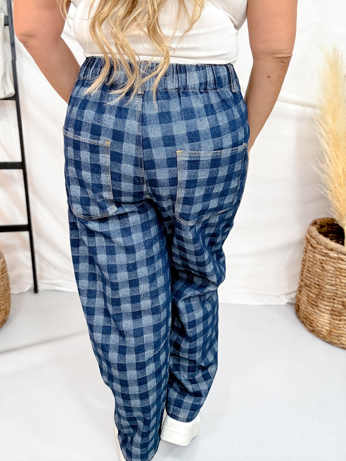 Checkered Patchwork Jeans With Drawstring Waist - Whiskey Skies - ODDI