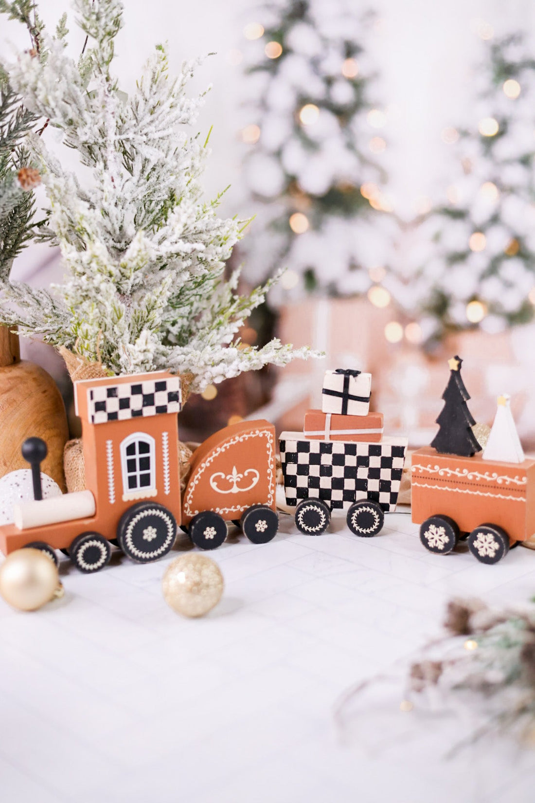 Checkered Wooden Christmas Train - Whiskey Skies - ADAMS & CO