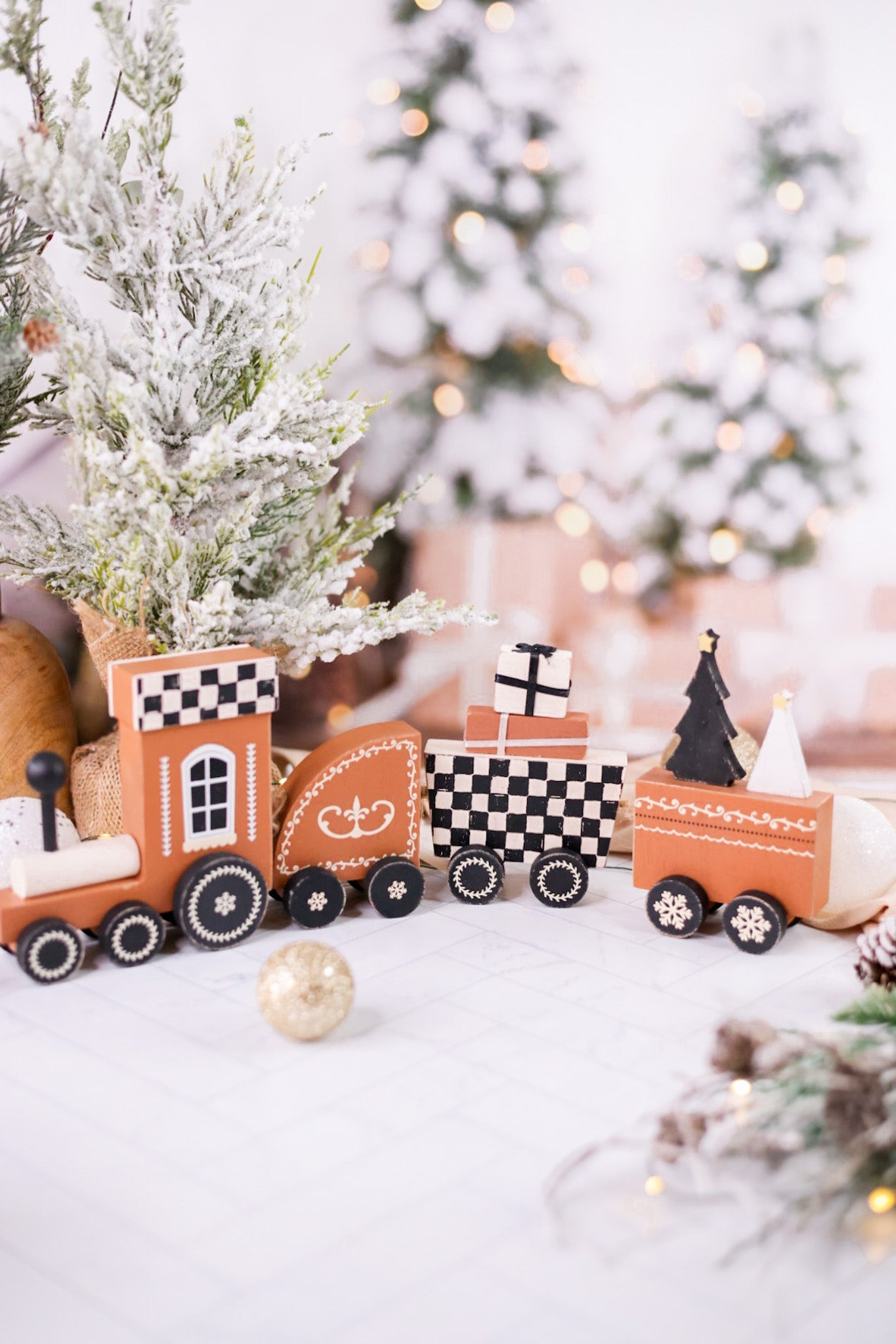 Checkered Wooden Christmas Train - Whiskey Skies - ADAMS & CO