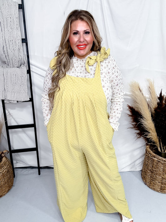 Checkered Yellow Jaquard Jumpsuit with Bow Sleeves - Whiskey Skies - ODDI