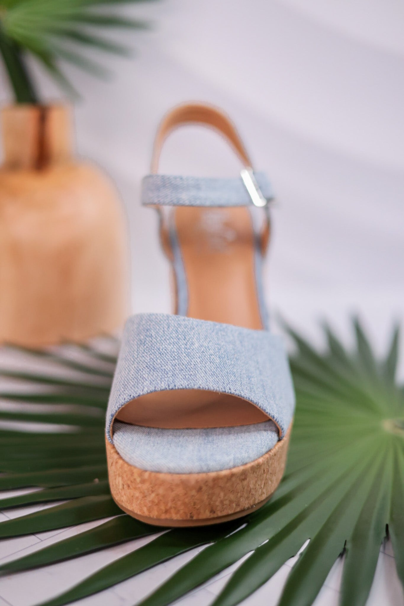 Cheers Blue Denim Cork Heels - Whiskey Skies - CORKYS FOOTWEAR
