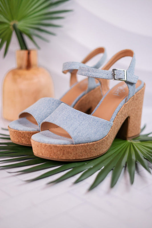 Cheers Blue Denim Cork Heels - Whiskey Skies - CORKYS FOOTWEAR