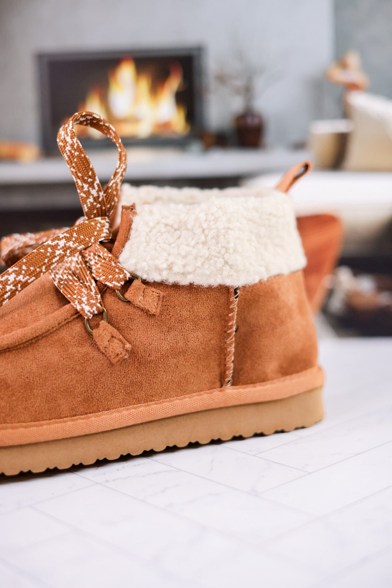 Cherilyn Plush Lined High Top Booties in Tan - Whiskey Skies - VERY G