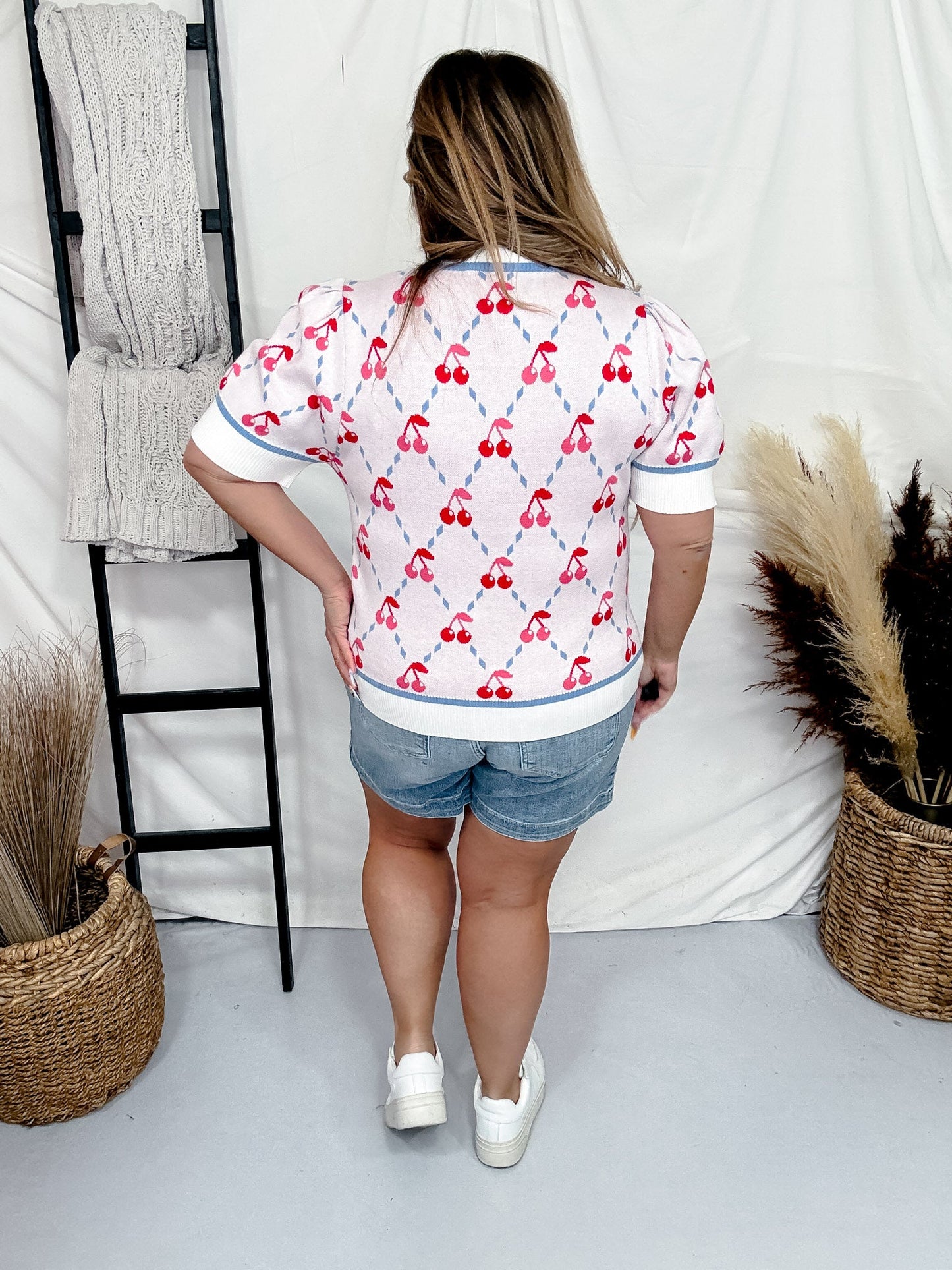 Cherry Argyle Patterned Short Sleeve Sweater - Whiskey Skies - ODDI