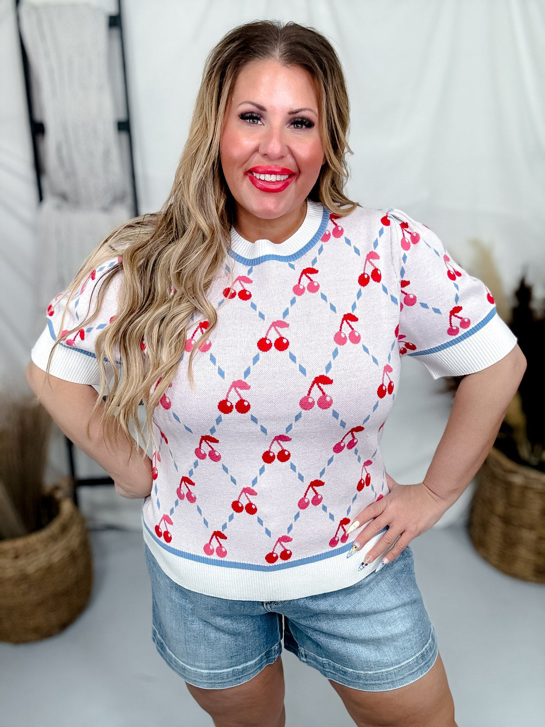 Cherry Argyle Patterned Short Sleeve Sweater - Whiskey Skies - ODDI