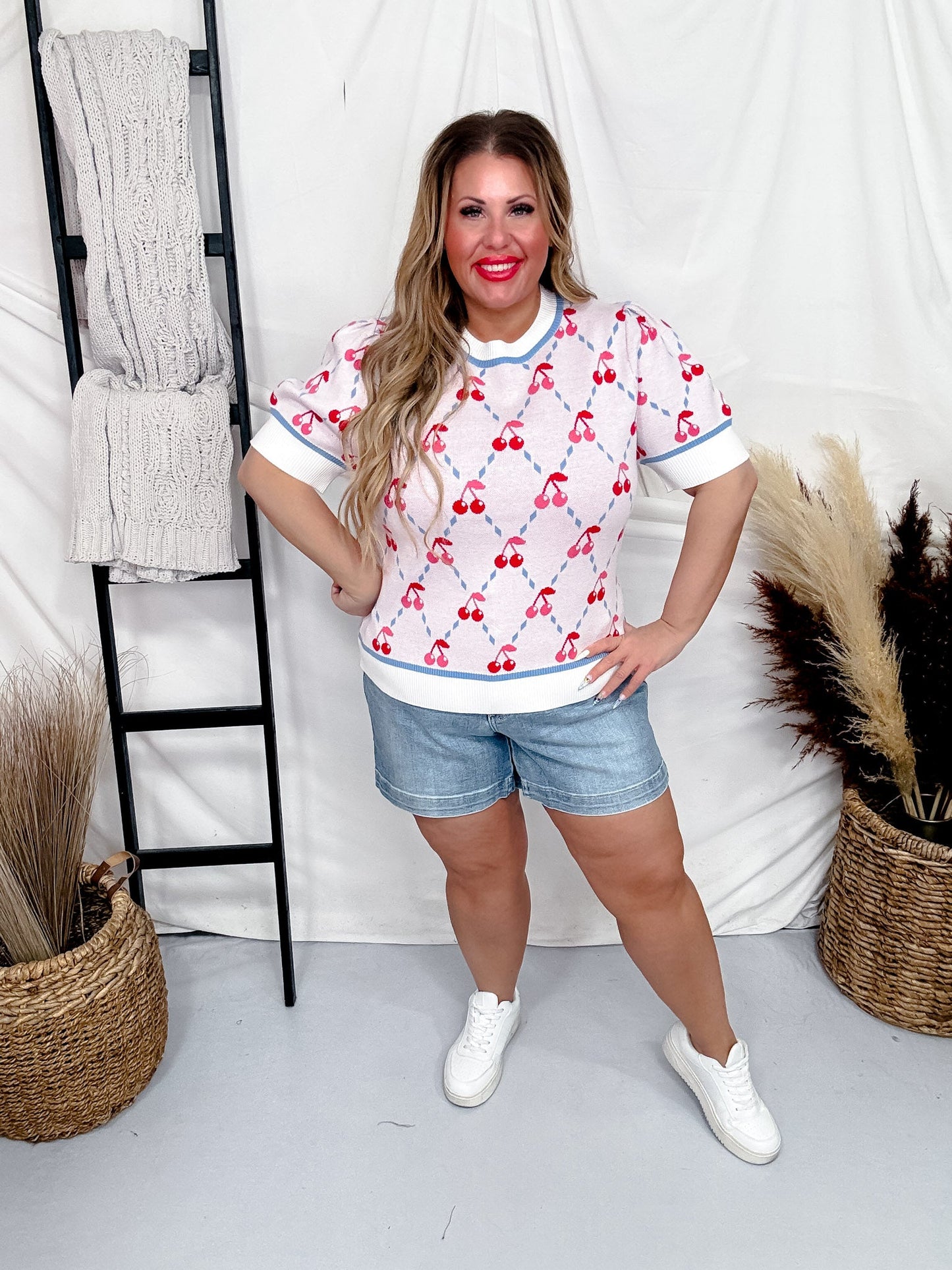 Cherry Argyle Patterned Short Sleeve Sweater - Whiskey Skies - ODDI