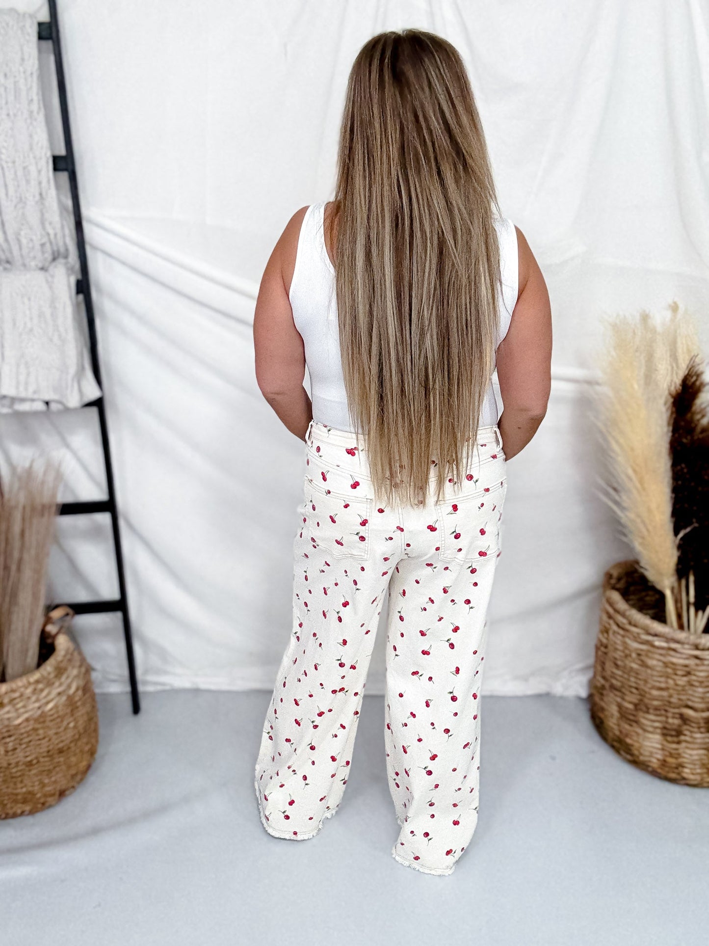 Cherry Print High Waist Straight Wide Leg Twill Pants - Whiskey Skies - EASEL