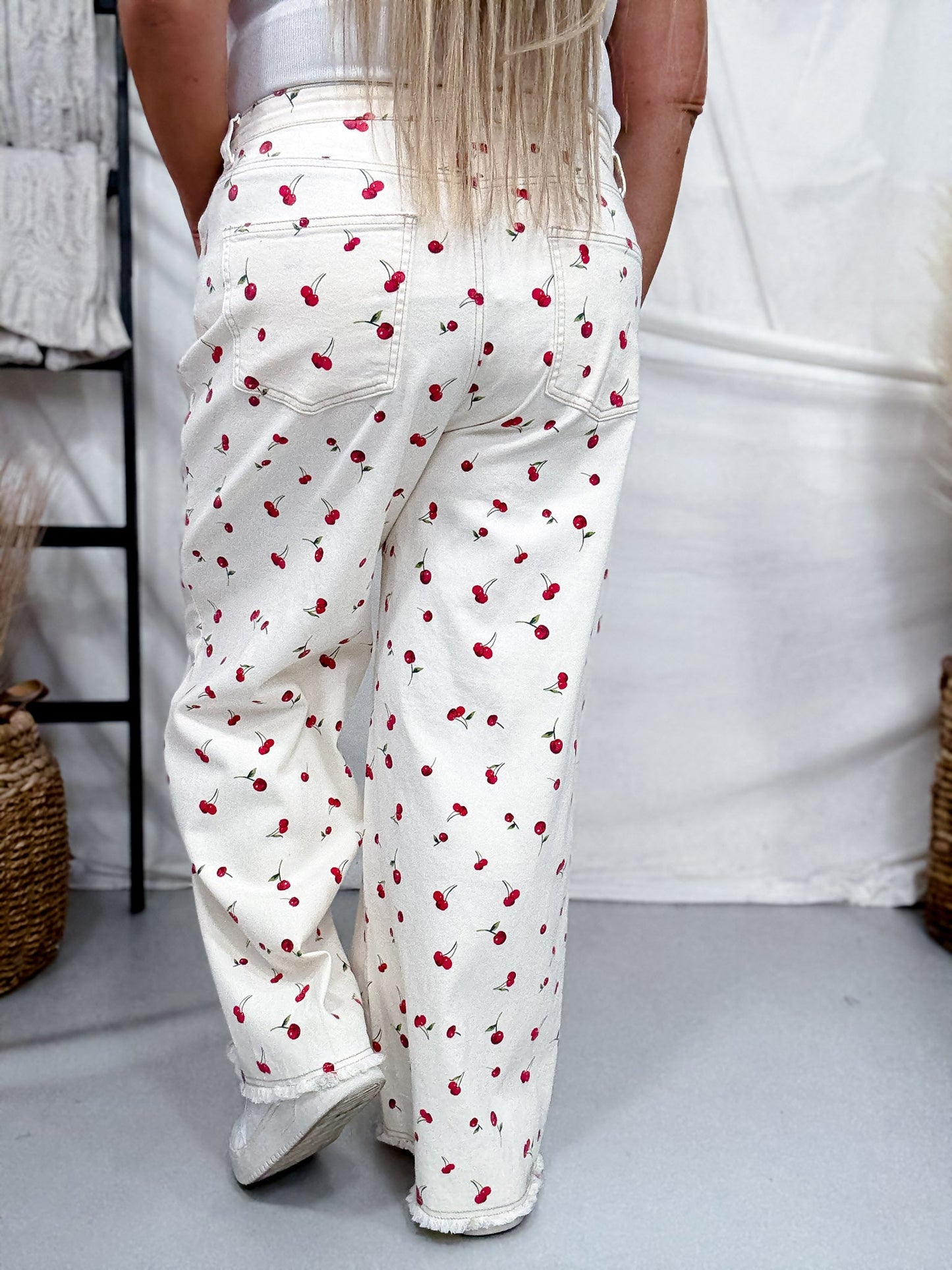 Cherry Print High Waist Straight Wide Leg Twill Pants - Whiskey Skies - EASEL