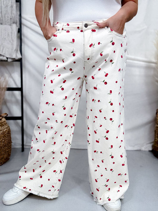 Cherry Print High Waist Straight Wide Leg Twill Pants - Whiskey Skies - EASEL