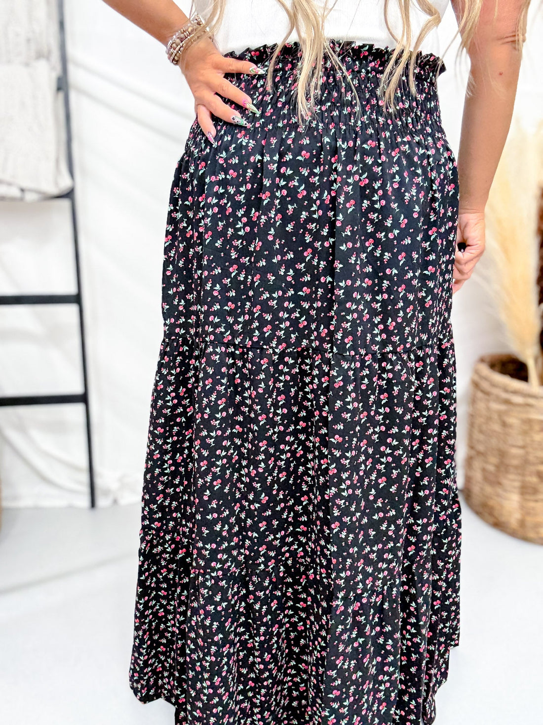 Cherry Punch Black Tiered Maxi Skirt With Smocked Waist - Whiskey Skies - MIKAROSE