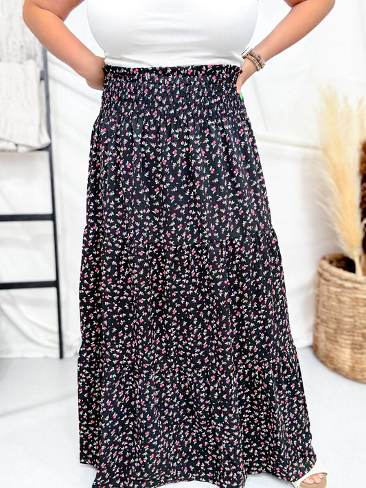 Cherry Punch Black Tiered Maxi Skirt With Smocked Waist - Whiskey Skies - MIKAROSE