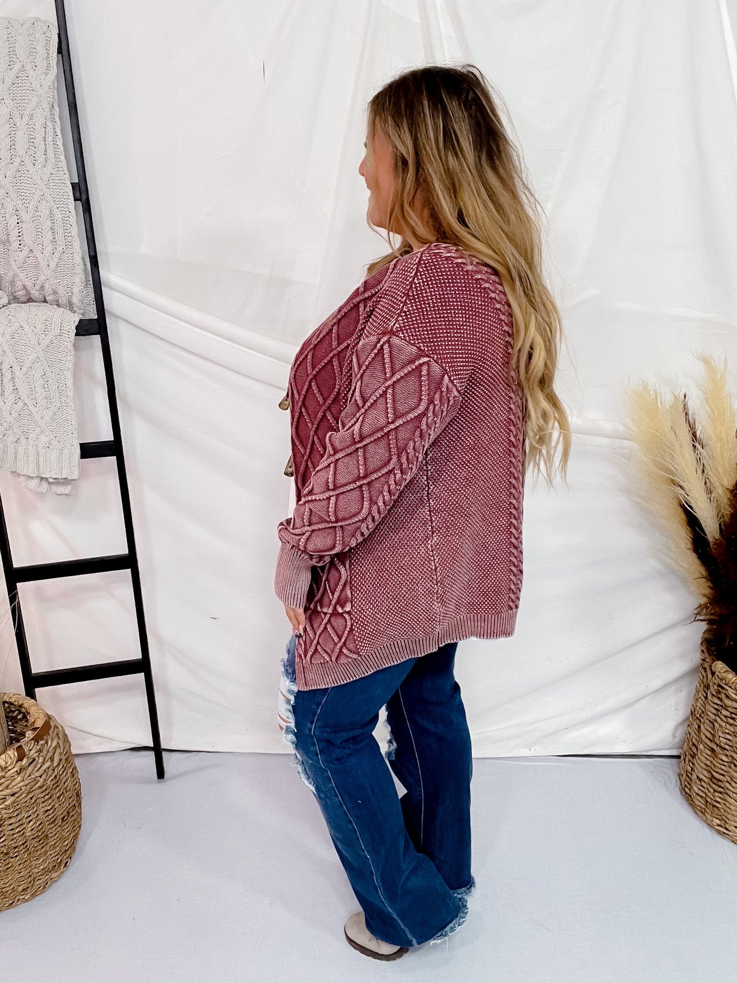 Cherry Wood Cable Knit Sweater Cardigan - Whiskey Skies - EASEL