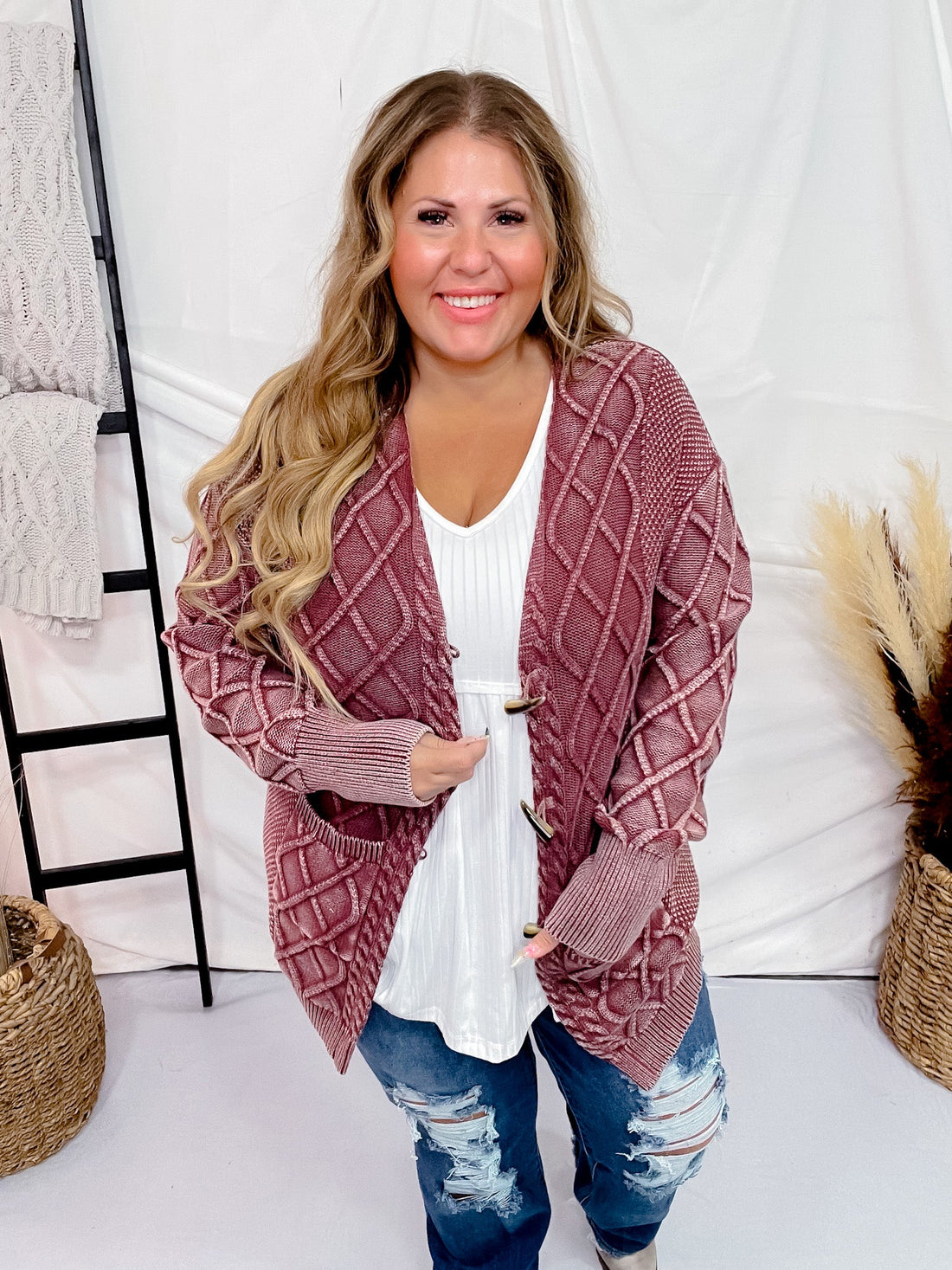 Cherry Wood Cable Knit Sweater Cardigan - Whiskey Skies - EASEL