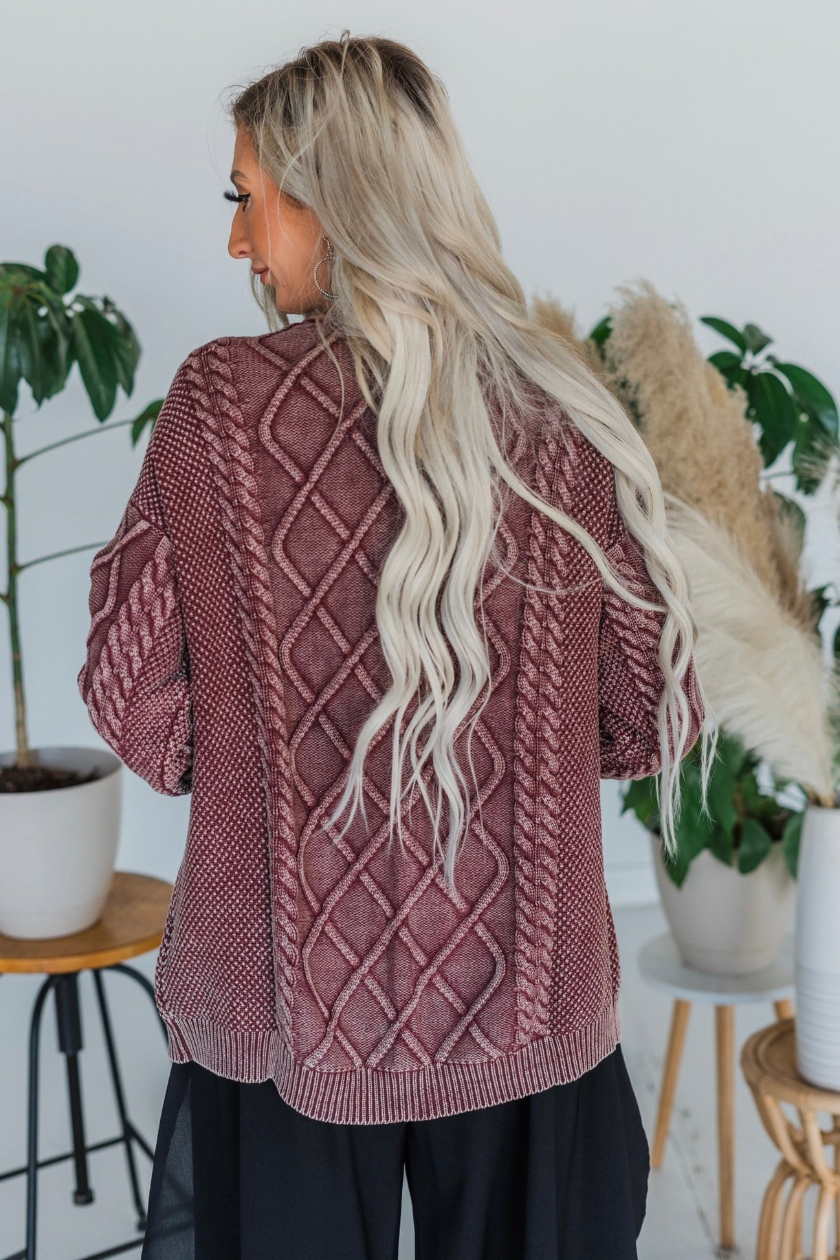 Cherry Wood Cable Knit Sweater Cardigan - Whiskey Skies - EASEL