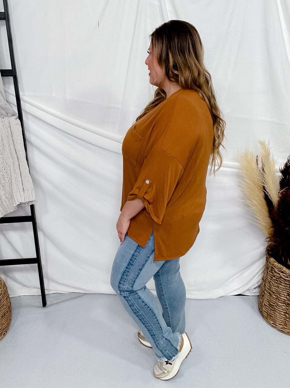 Chestnut 3/4 Sleeve Boxy Top - Whiskey Skies - ANDREE BY UNIT