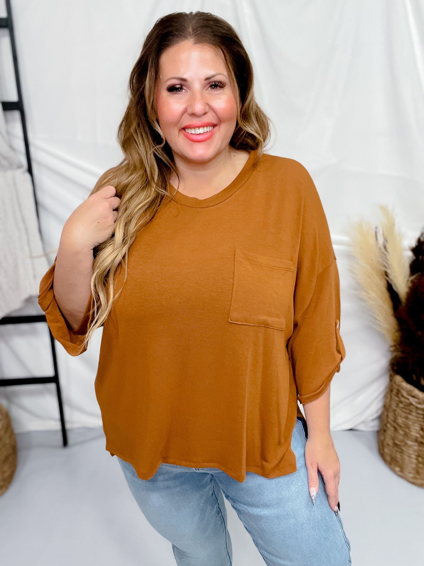 Chestnut 3/4 Sleeve Boxy Top - Whiskey Skies - ANDREE BY UNIT