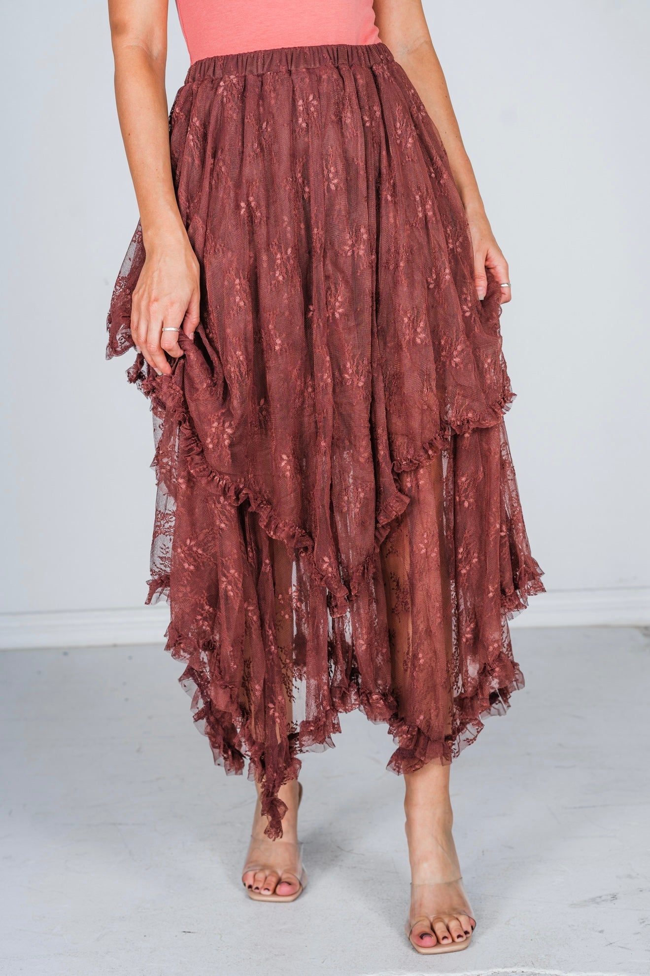 Chestnut Embellished Lace Hem Skirt - Whiskey Skies - POLAGRAM + BAEVELY