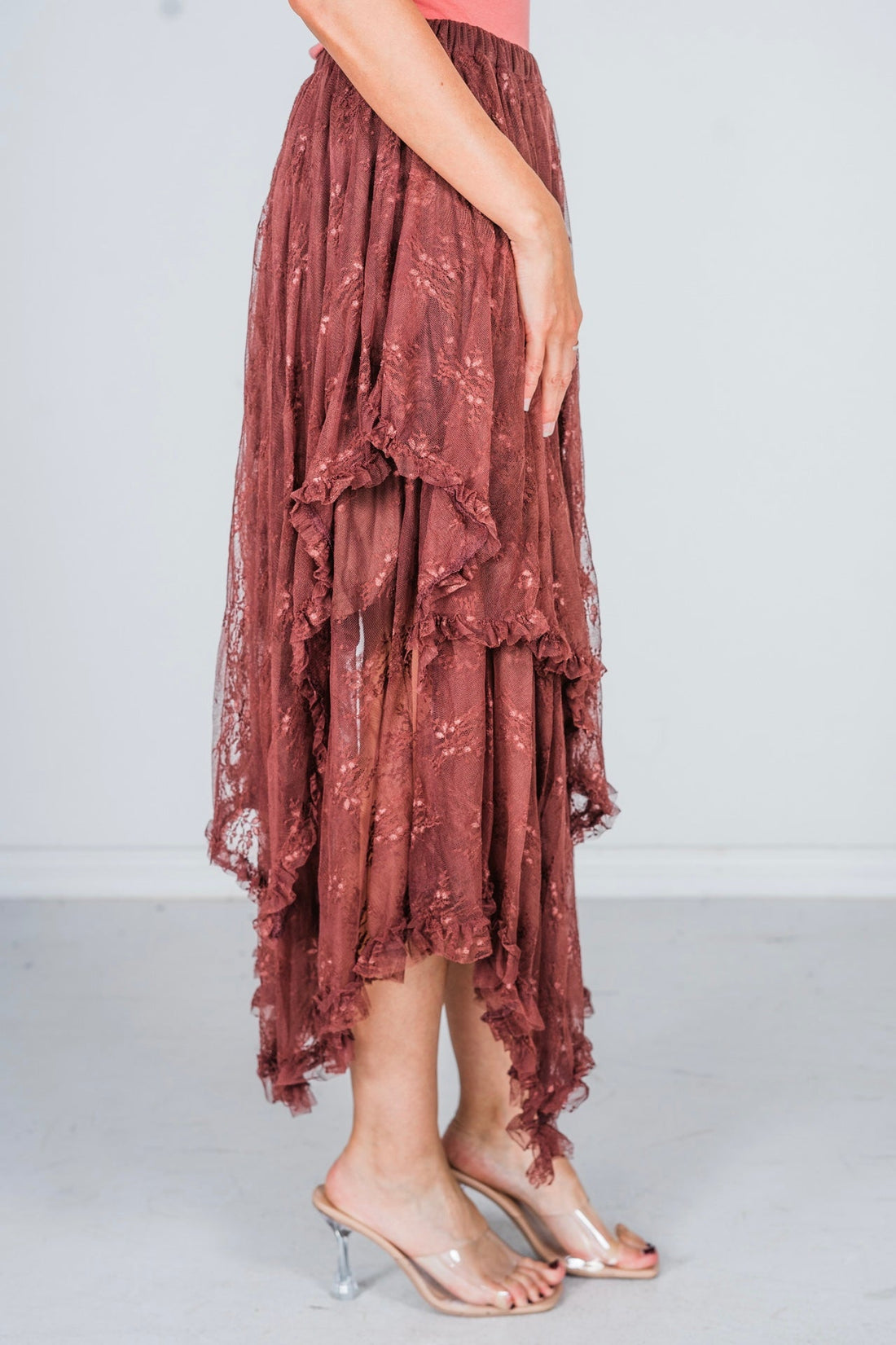 Chestnut Embellished Lace Hem Skirt - Whiskey Skies - POLAGRAM + BAEVELY