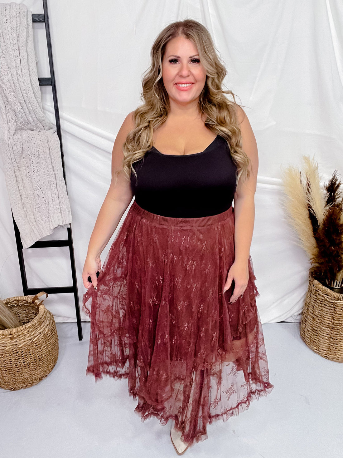 Chestnut Embellished Lace Hem Skirt - Whiskey Skies - POLAGRAM + BAEVELY