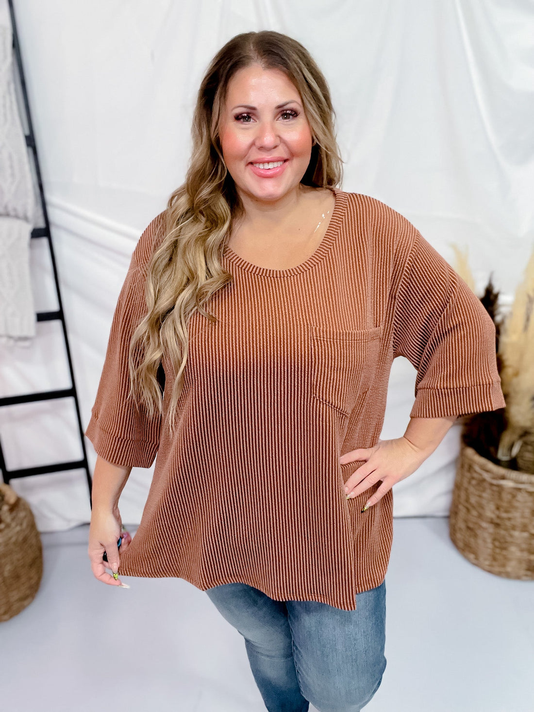 Chestnut Ribbed 3/4 Sleeve Boxy Top - Whiskey Skies - ANDREE BY UNIT