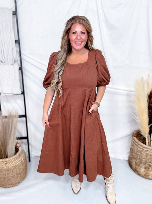 Chocolate Brown Midi Dress With 3/4 Puff Sleeves - Whiskey Skies - POLAGRAM + BAEVELY