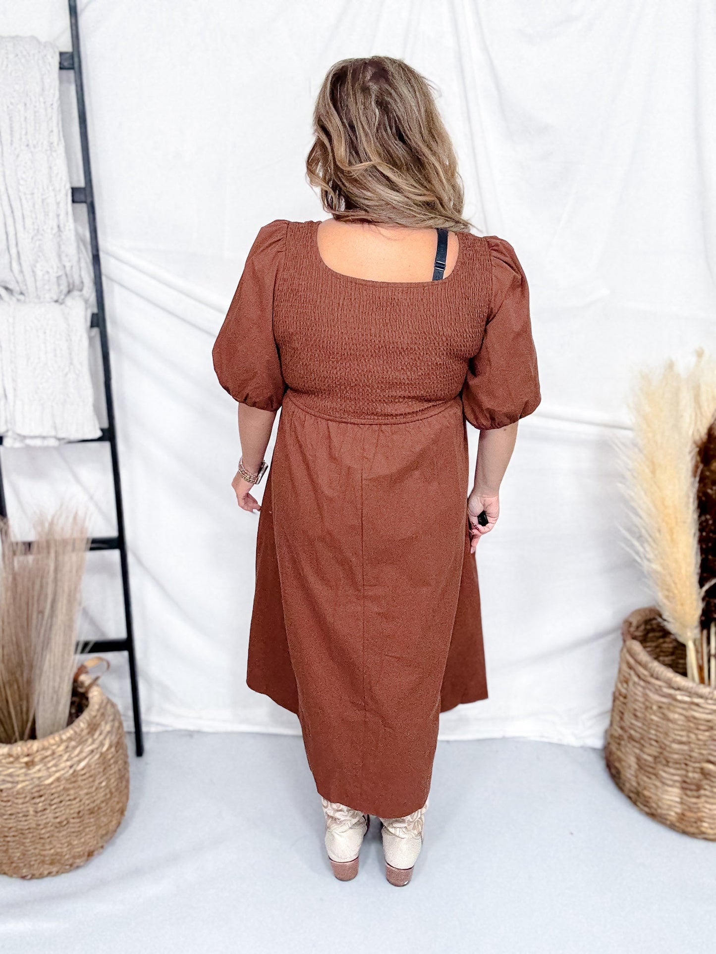 Chocolate Brown Midi Dress With 3/4 Puff Sleeves - Whiskey Skies - POLAGRAM + BAEVELY
