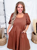 Chocolate Brown Midi Dress With 3/4 Puff Sleeves - Whiskey Skies - POLAGRAM + BAEVELY