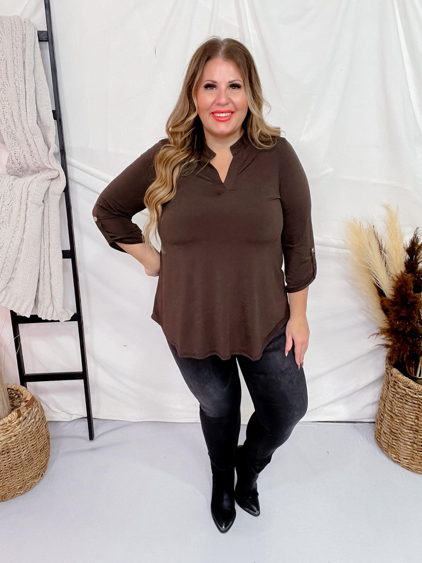 Chocolate Signature 3/4 Sleeve Lizzy Top - Whiskey Skies - DEAR SCARLETT