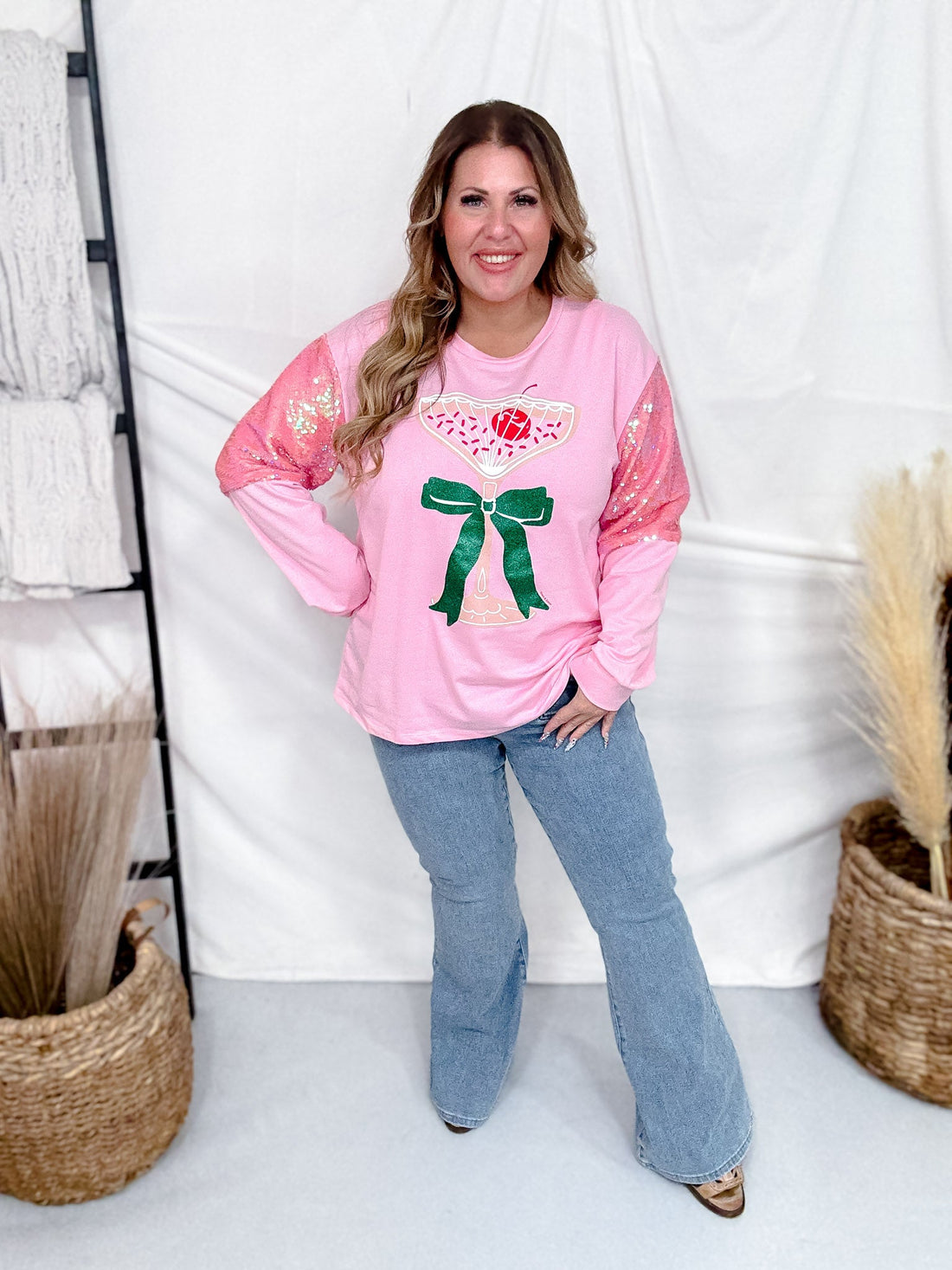 Christmas Cocktail Shirt With Sequin Sleeves - Whiskey Skies - SOUTHERN GRACE