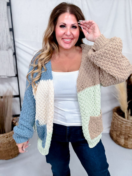 Chunky Knit Mocha & Blue Colorblock Cardigan - Whiskey Skies - ADORA