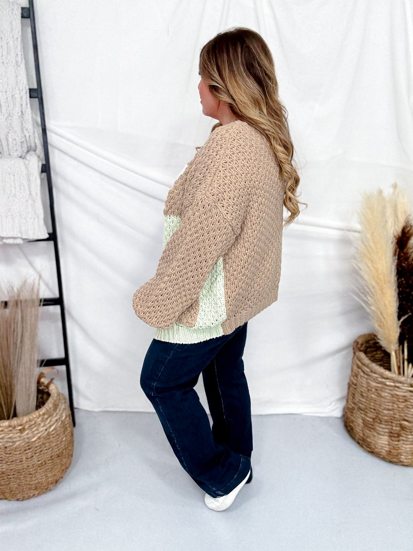 Chunky Knit Mocha & Blue Colorblock Cardigan - Whiskey Skies - ADORA