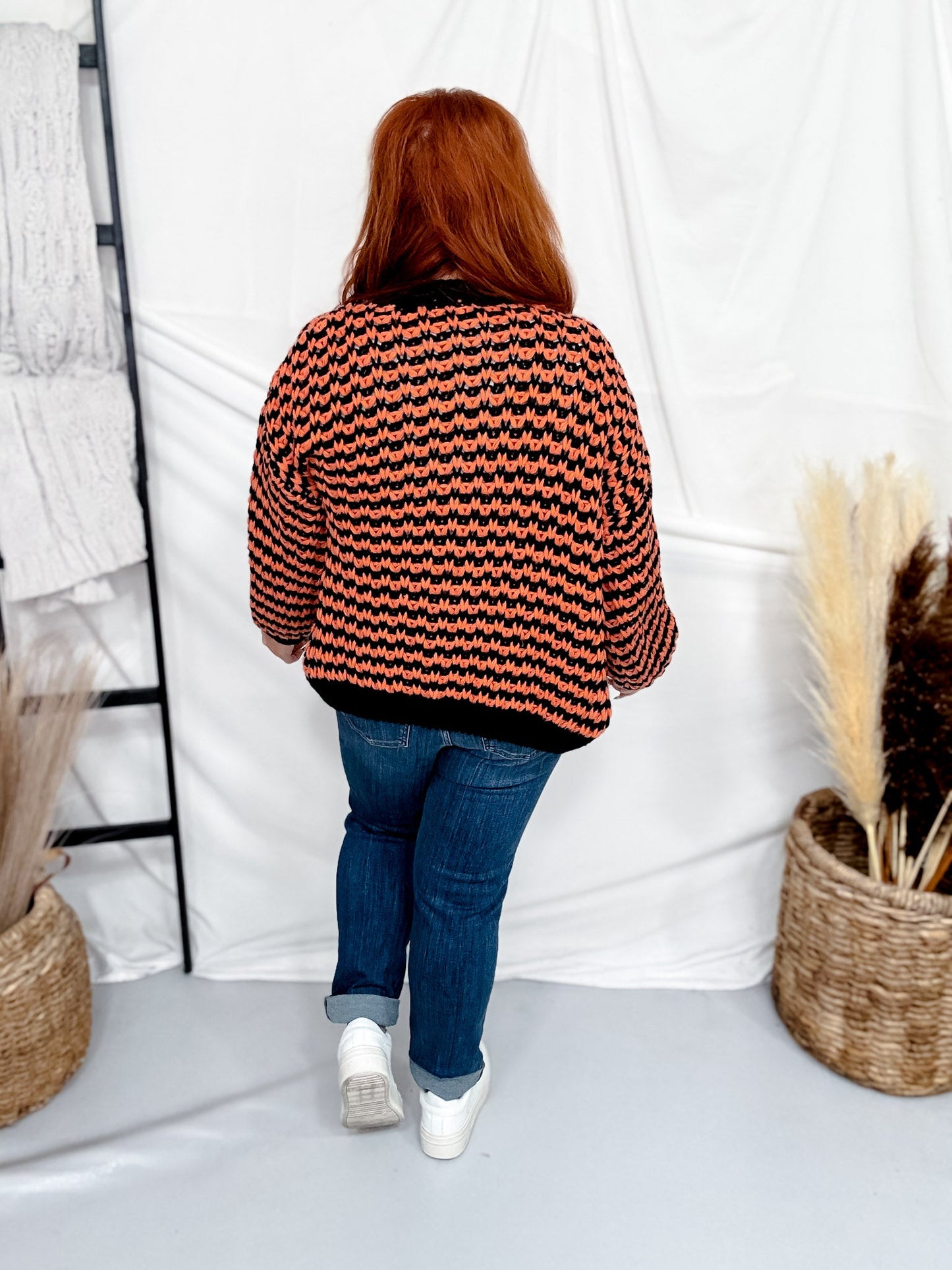 Chunky Knit Orange & Black Button Front Cardigan - Whiskey Skies - BIBI