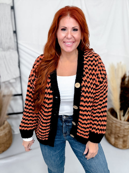 Chunky Knit Orange & Black Button Front Cardigan - Whiskey Skies - BIBI