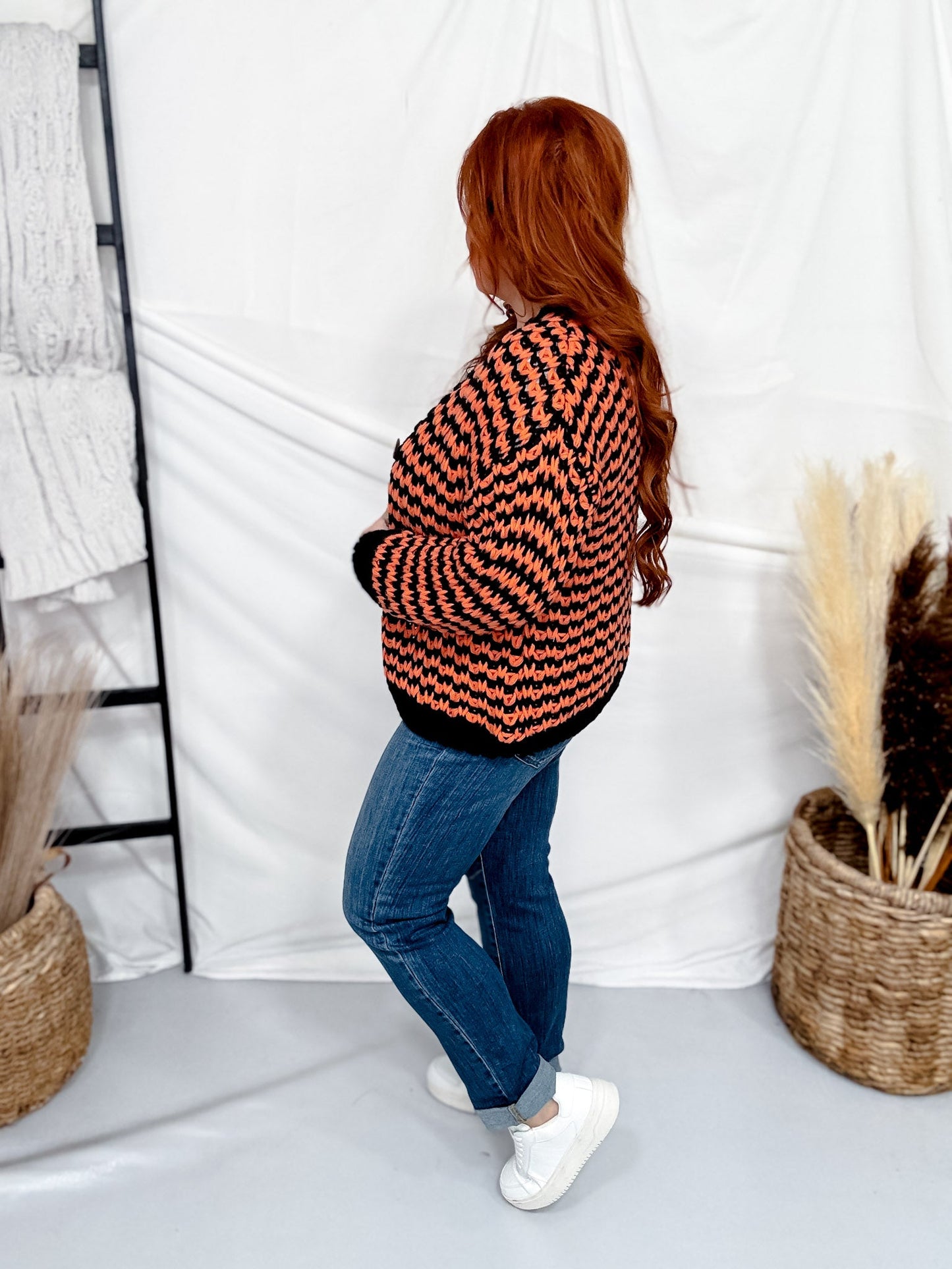 Chunky Knit Orange & Black Button Front Cardigan - Whiskey Skies - BIBI